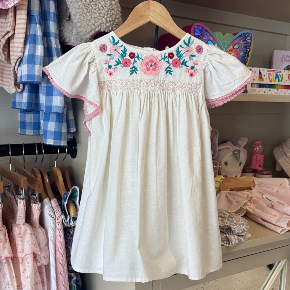 Embroidered Cream Dress with Pink Floral Yoke for Girls